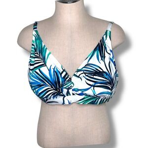 Sonnet Shores 22W White Blue Green Palm‎ Leaf Print Bikini Top Swimwear